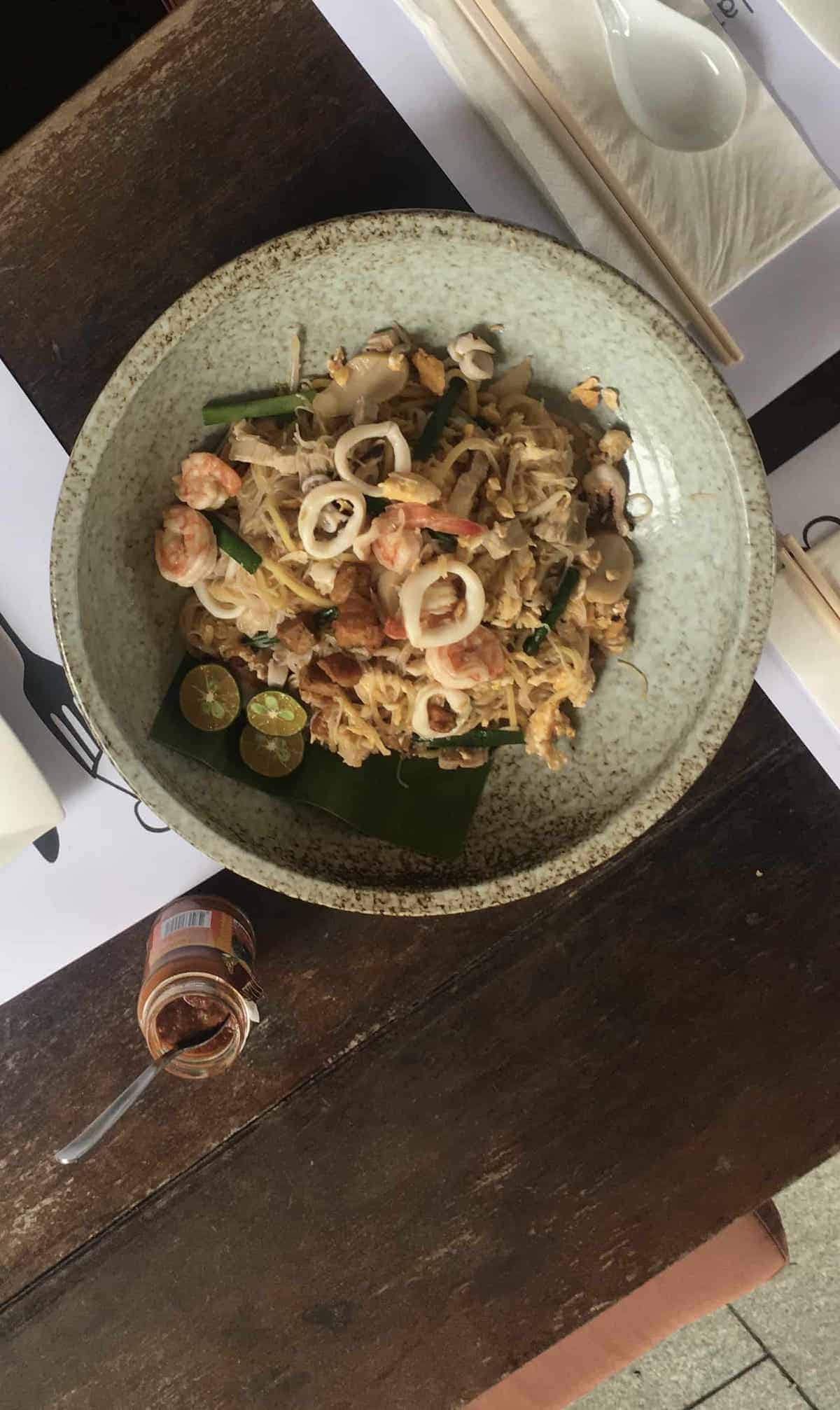 Close up of Singaporean Hokkien Mee Seafood Noodles.