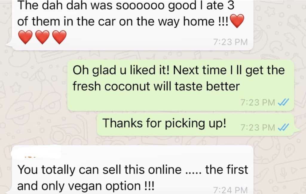 Snapshot of a WhatsApp chat reviewing the vegan kueh