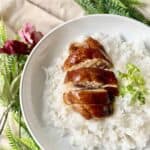 A plate of Cantonese soy sauce with white rice and green onions.