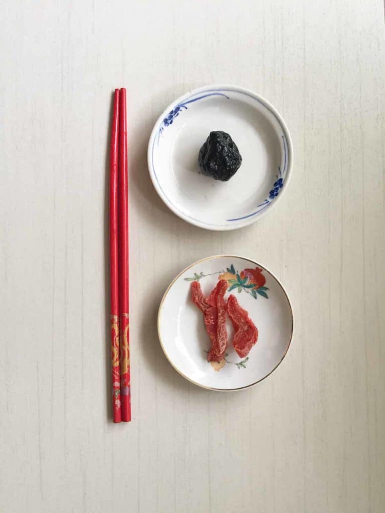 Wumei on top with a different type of Chinese preserved plum at the bottom