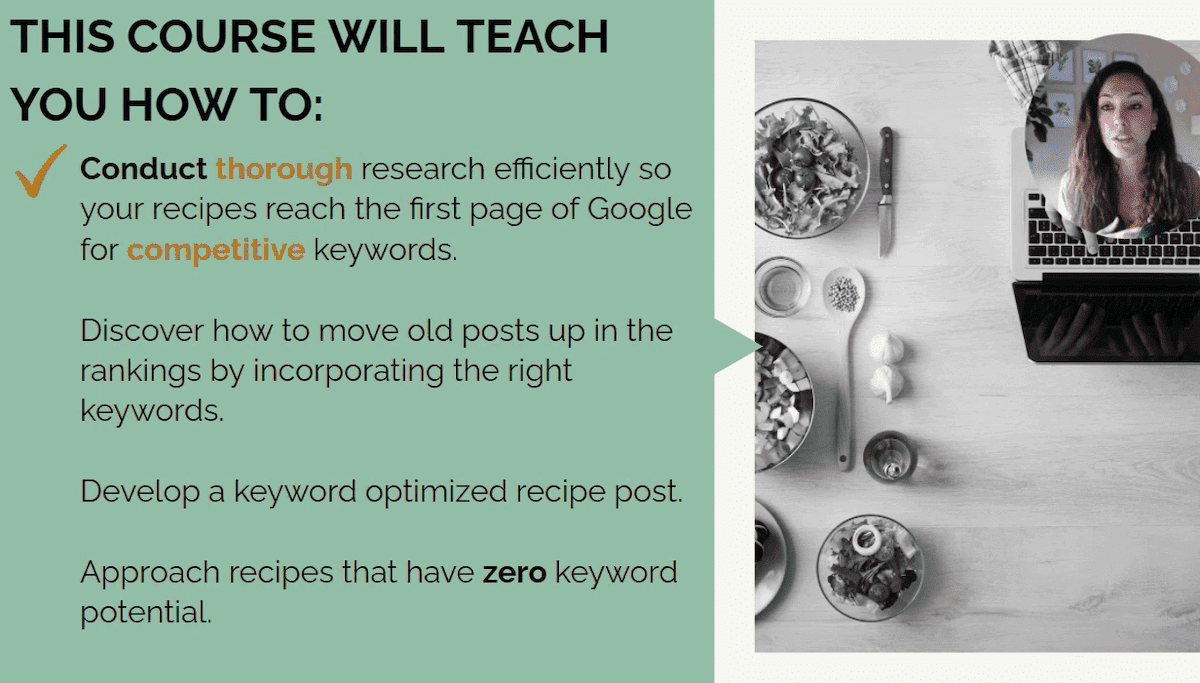 Screen shot of Cooking with Keywords SEO course sharing course goals