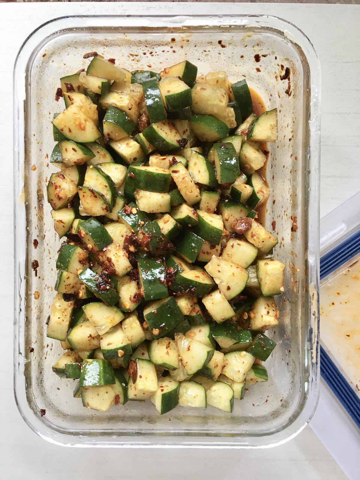 Tossed cubed cucumbers in a spicy Chinese dressing.