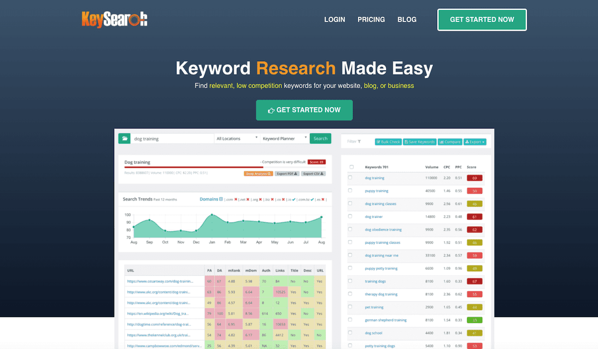 A screenshot of the keysearch website's homepage