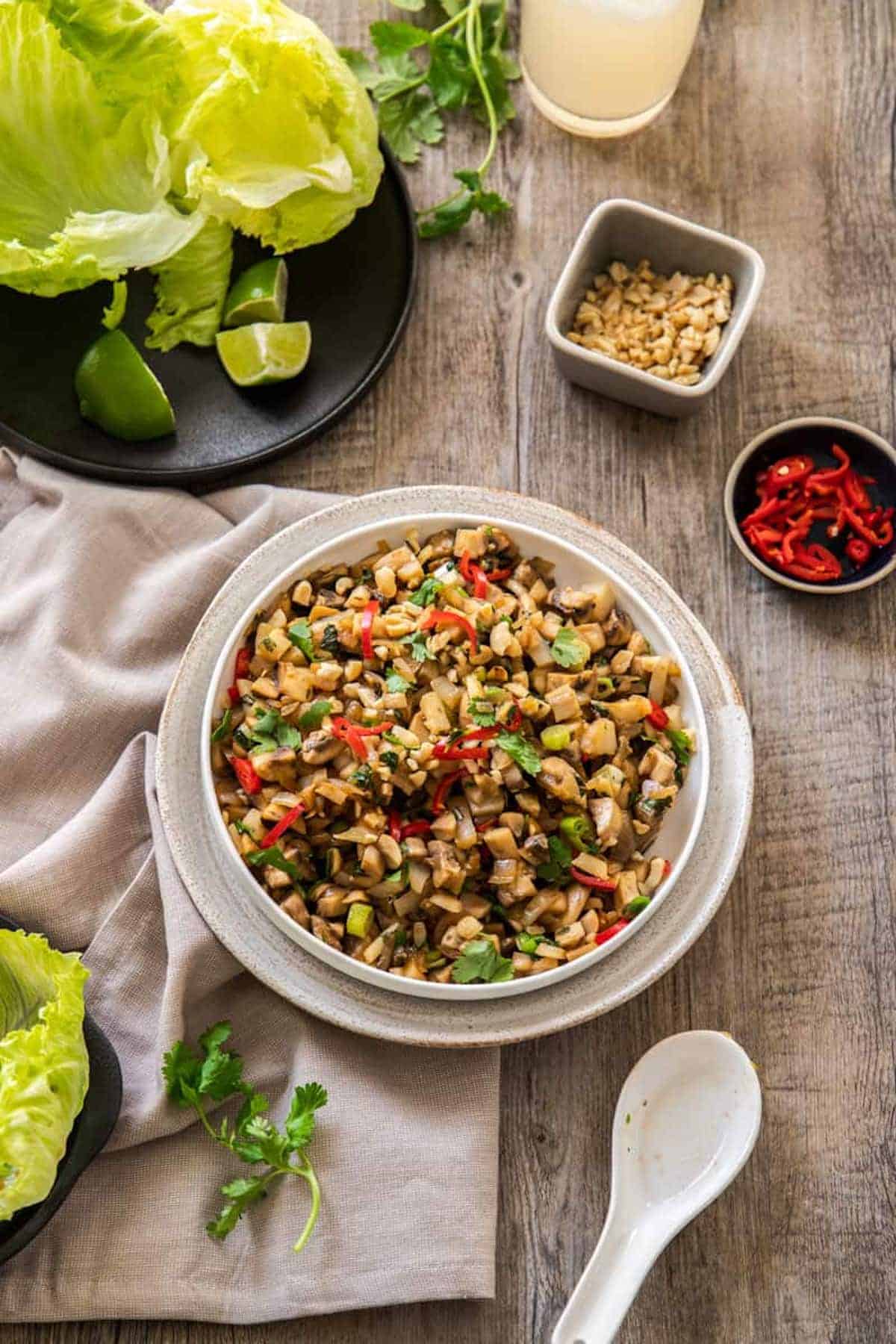 Mushroom San Choy Bow in a white bowl.