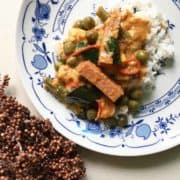 Close-up of pork and turkey berry curry with rice.