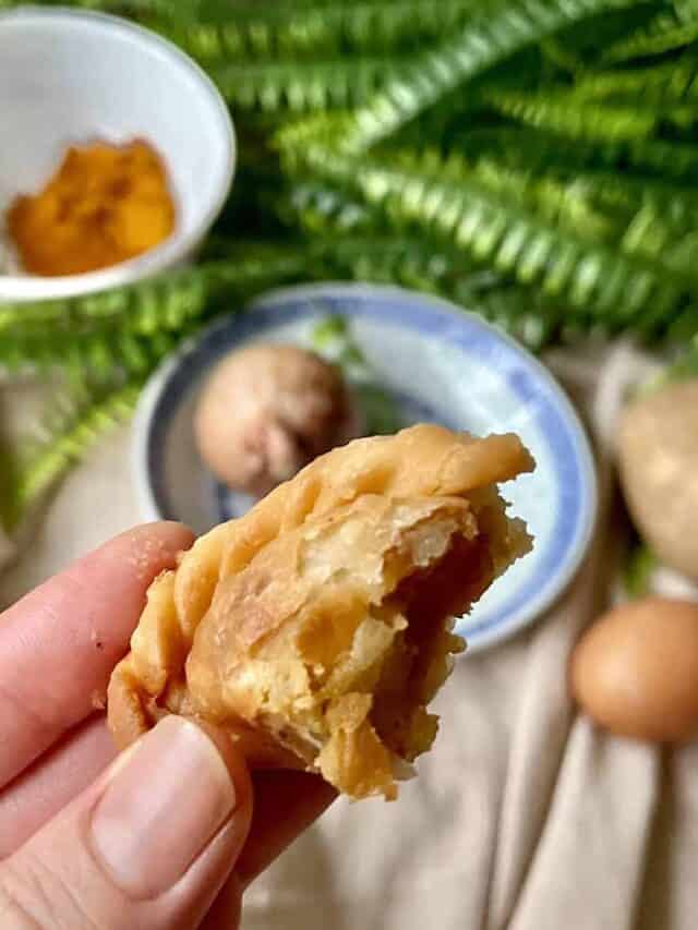 A hand holding a half-bitten mini curry puff.