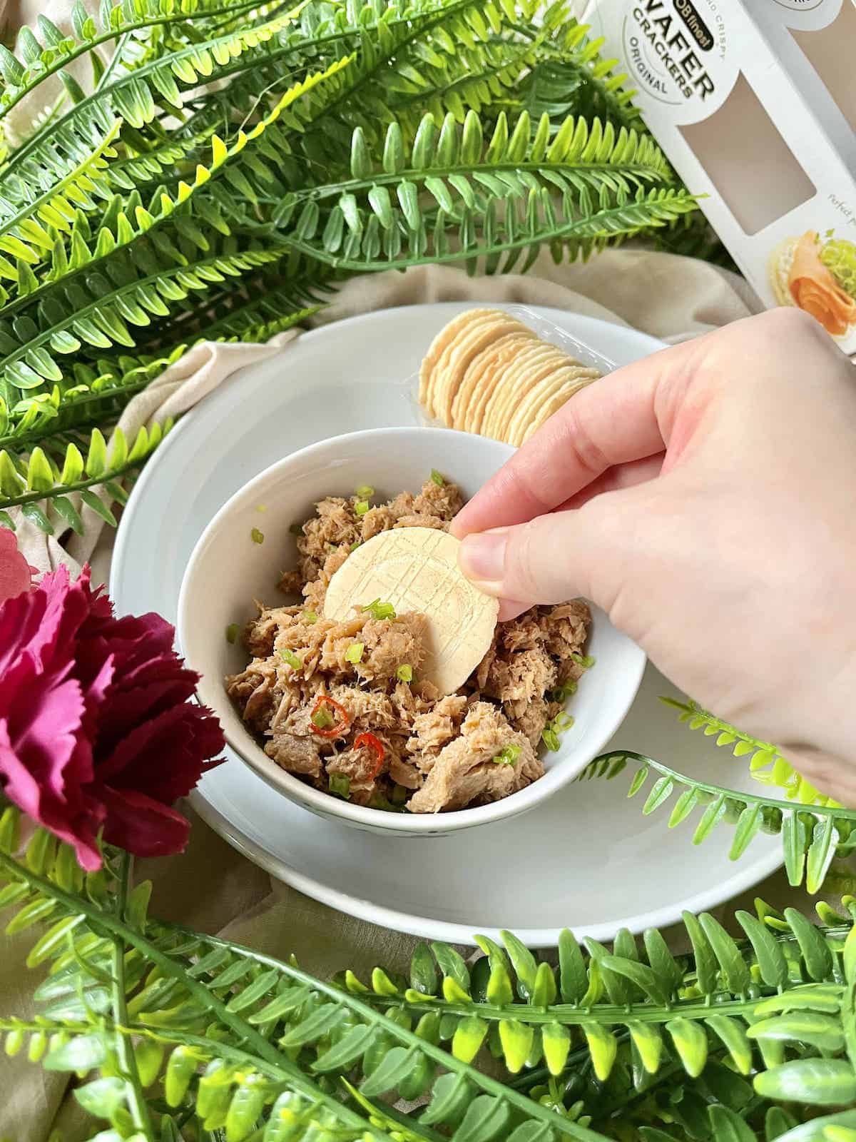 Someone dipping a cracker into a bowl of spicy coconut tuna curried dip.