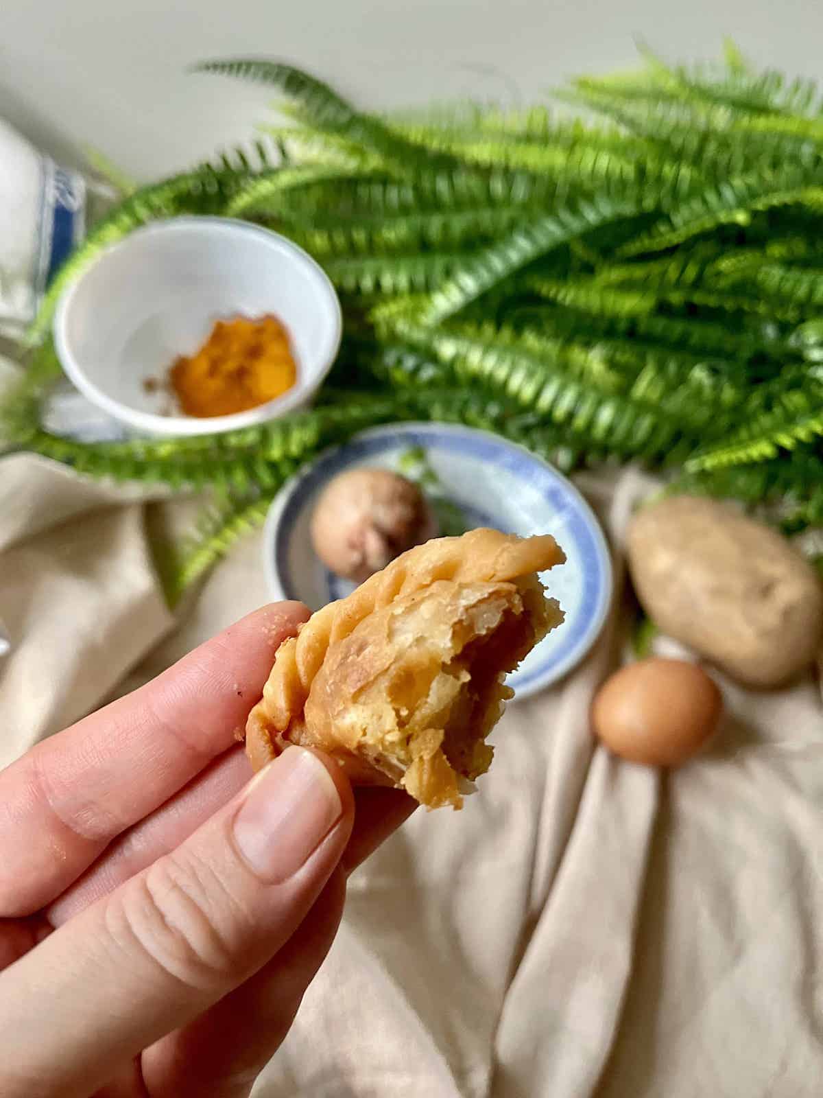 A hand holding a half-bitten mini curry puff.