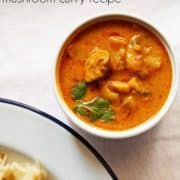 A bowl of Indian mushroom curry next to a plate of rice.