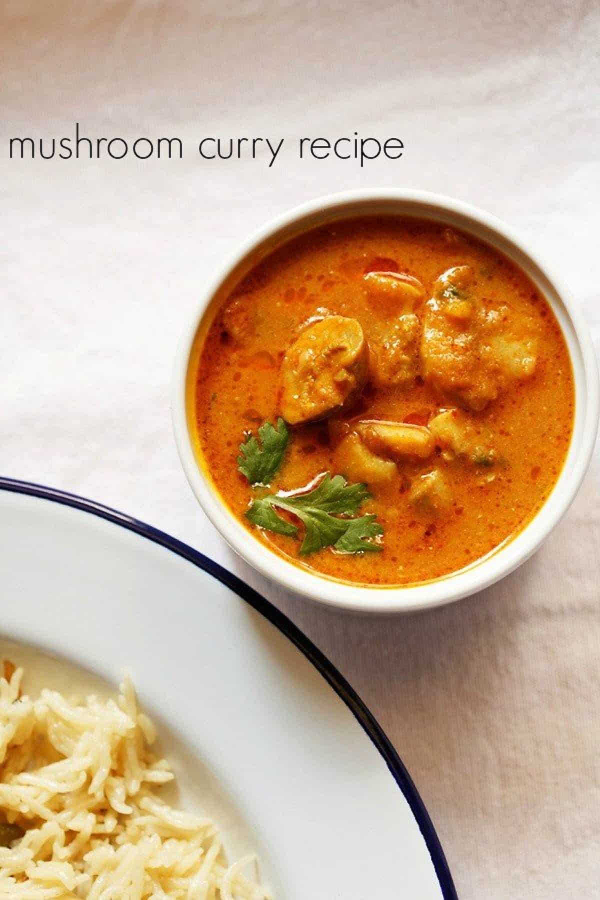 A bowl of Indian mushroom curry next to a plate of rice.