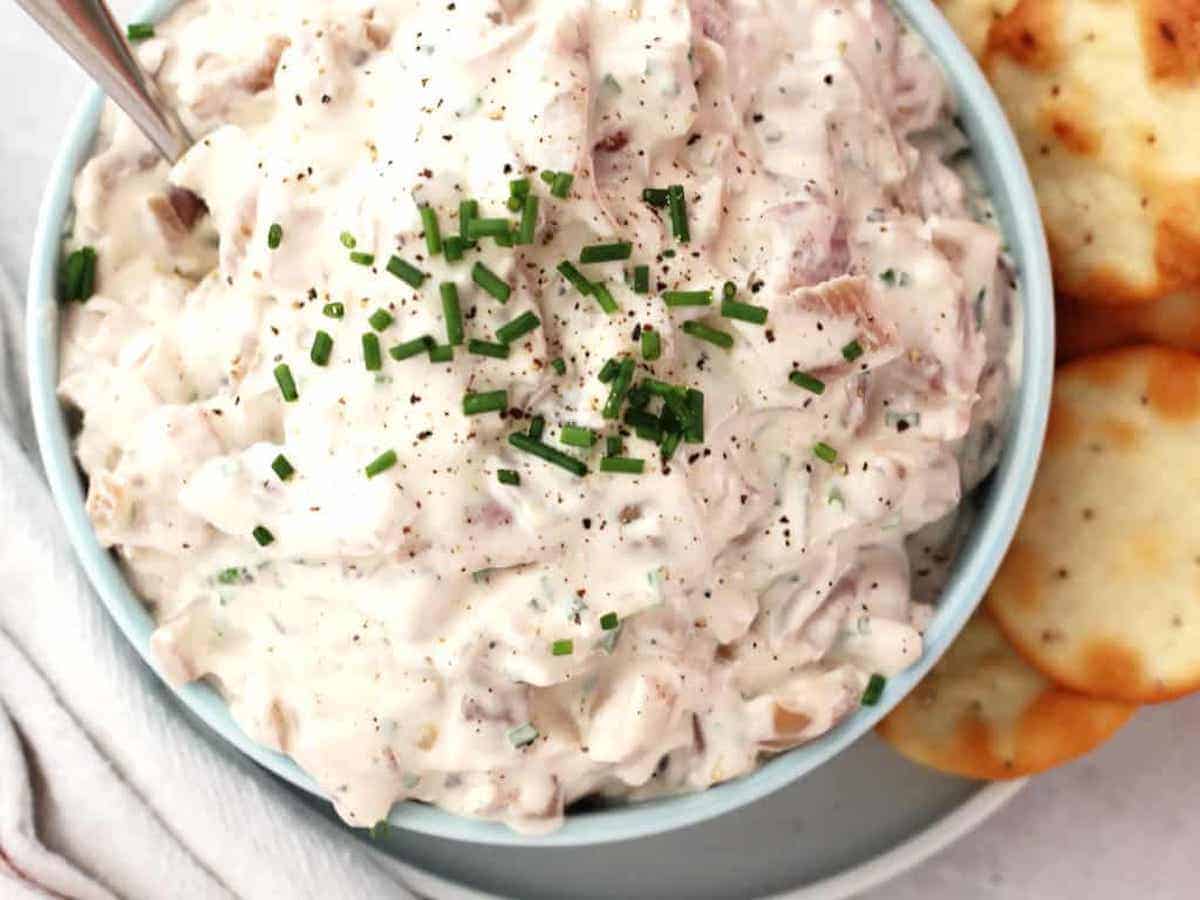 Close-up of classic red onion dip