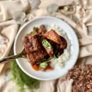 Close-up of a spoonful of braised pork shoulder with carrot and coriander.