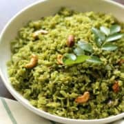 A plate of green Indian Poha rice.