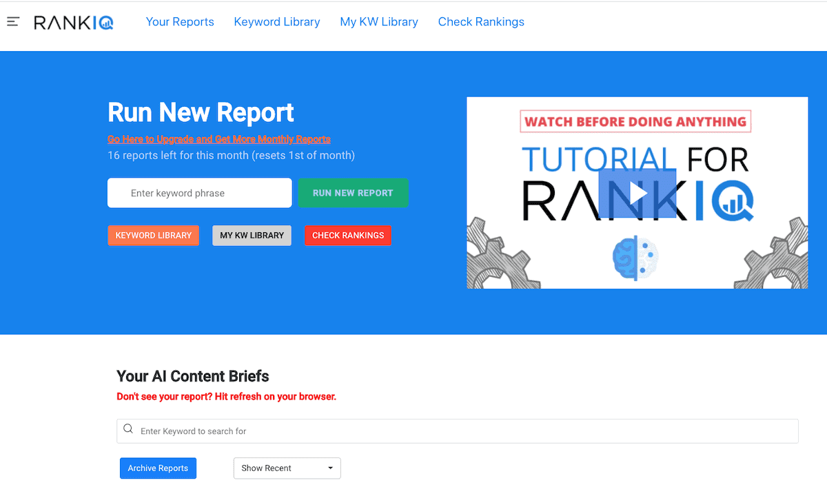 Screenshot of RankIQ, which shows where you can run new reports.