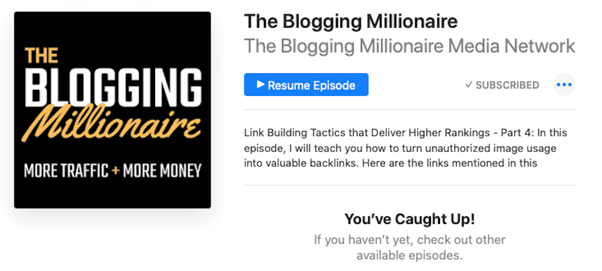 Screenshot of the blogging millionaire podcast.