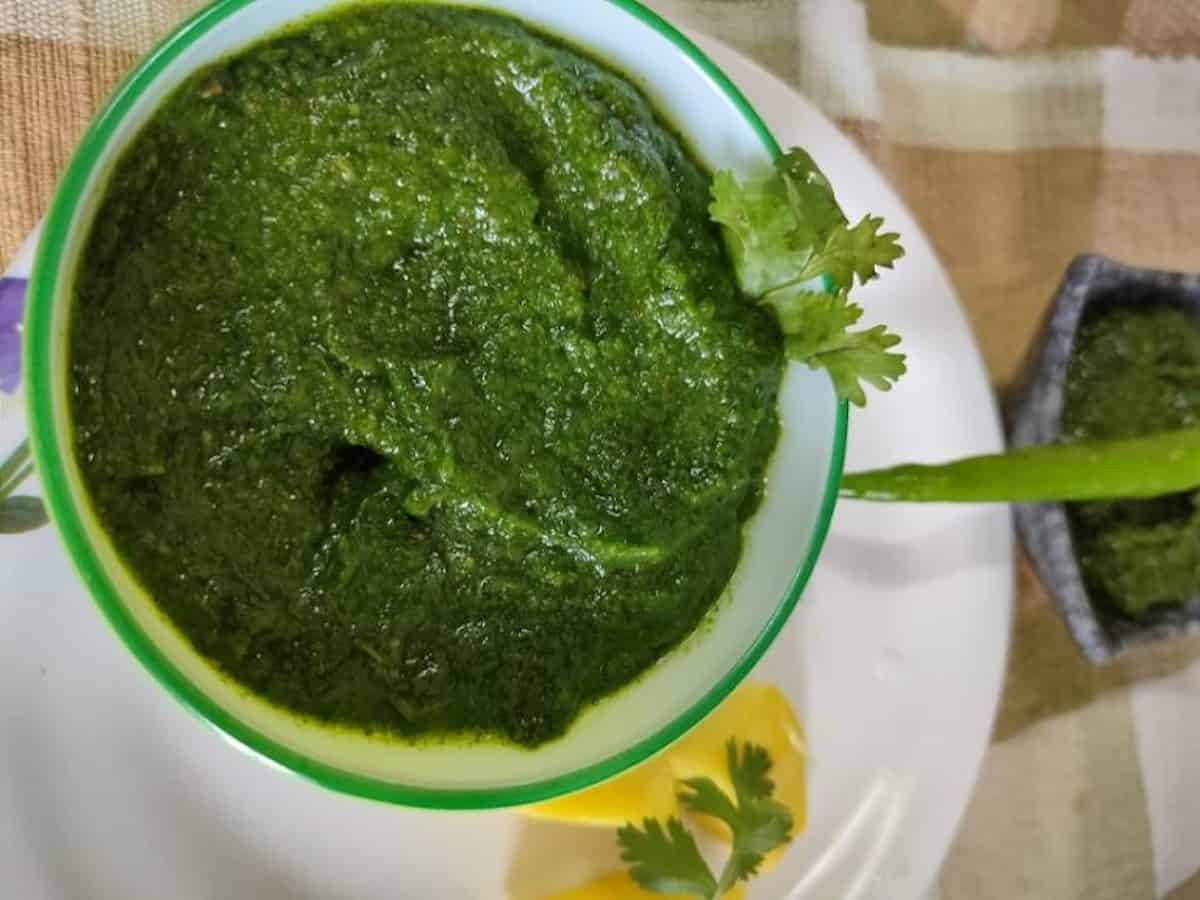 Green chutney in a bowl.