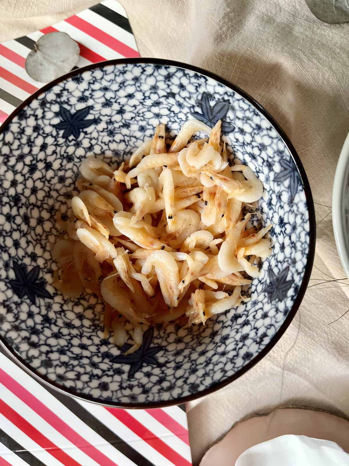 A bowl of fresh Japanese sakura shrimp.