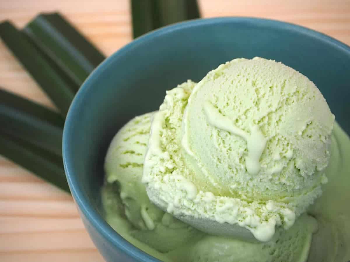 Close-up of a few scoops of light green pandan ice cream.