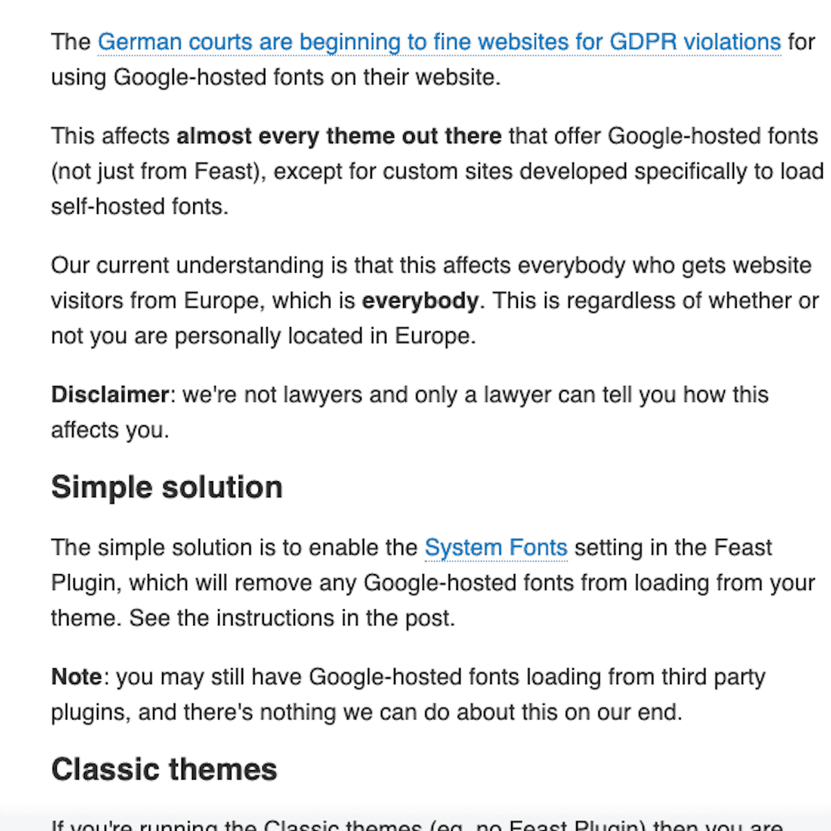 Screenshot of email from the Feast theme to update about GDPR changes for blogs.