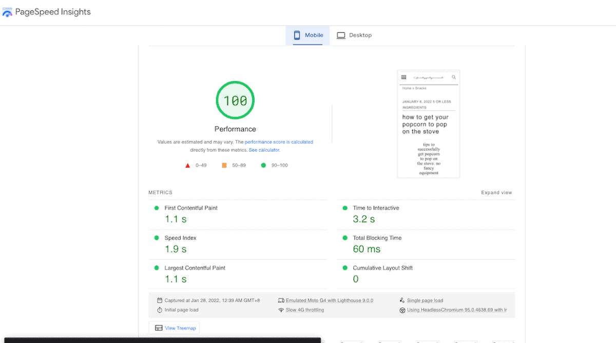 Screenshot of my perfect Core Web Vitals after setting up the Feast plug-in.