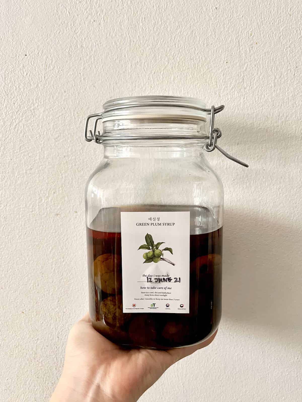 A glass jar of Korean green plums steeping in vodka.