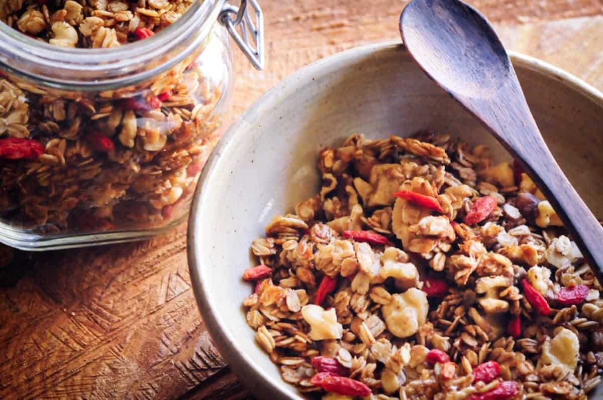 A bowl of vegan goji berry granola.