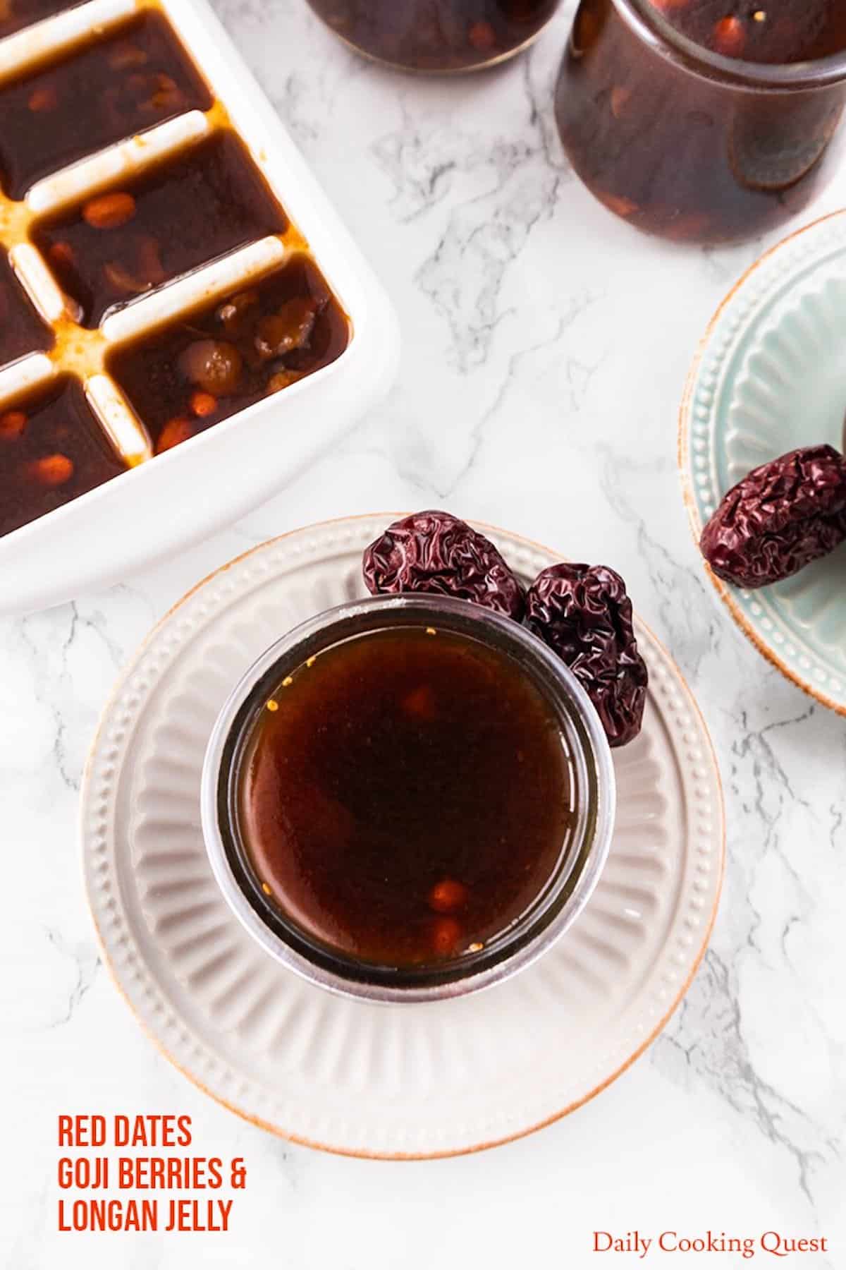 A deep red bowl of goji berry and red dates jelly.