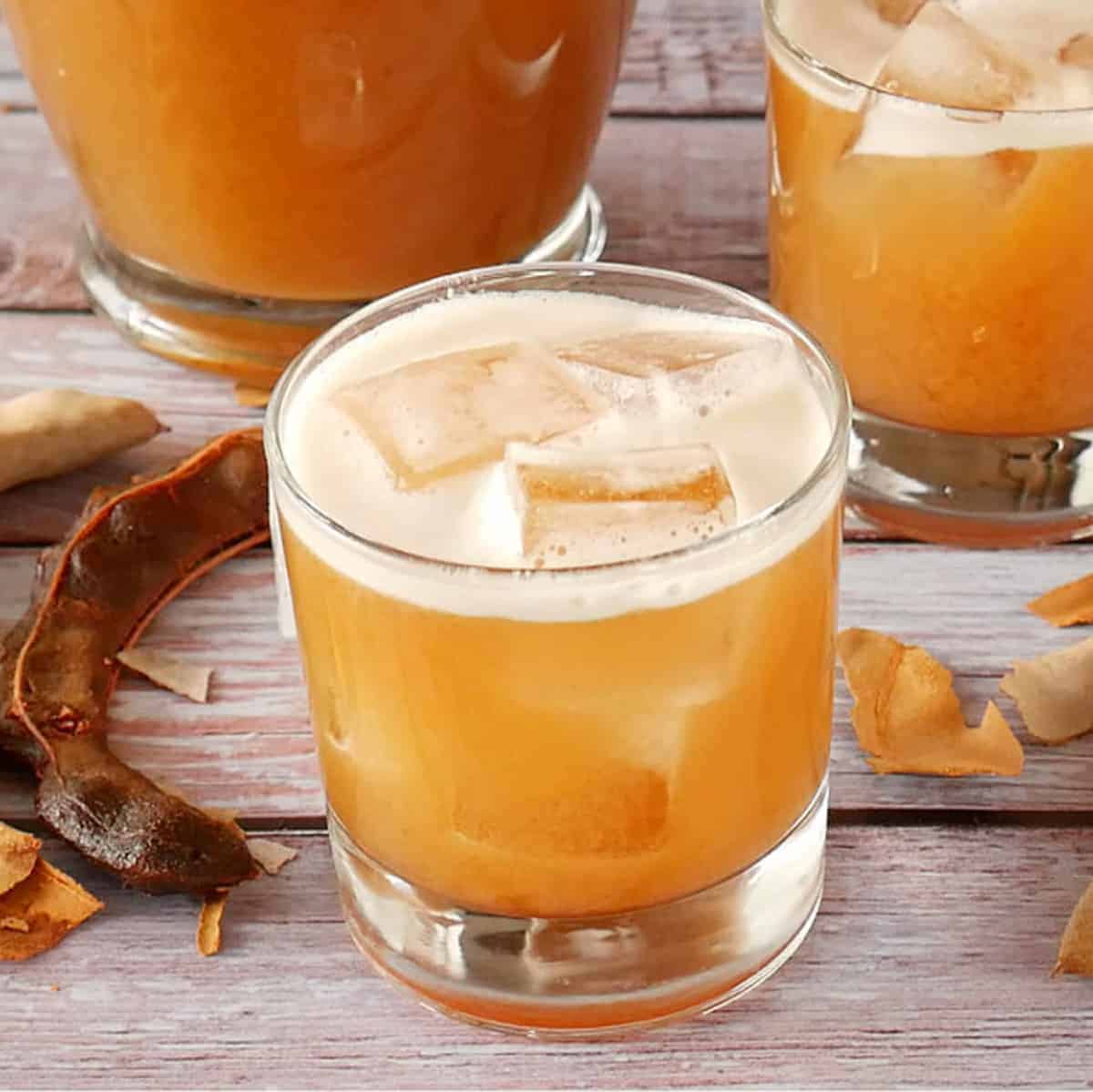 A glass of Agua de tamarindo, or tamarind water.