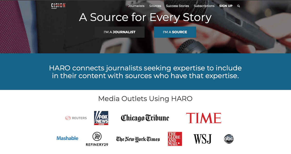 A screenshot of the HARO homepage showing what media sites use them.