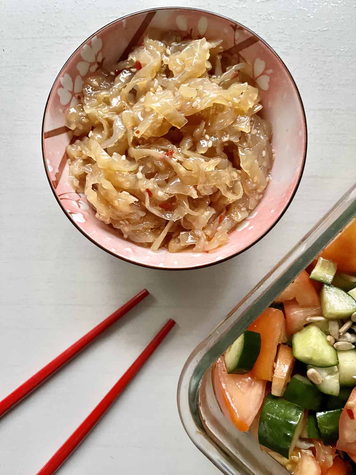 Marinated jellyfish with cucumber salad on the side.