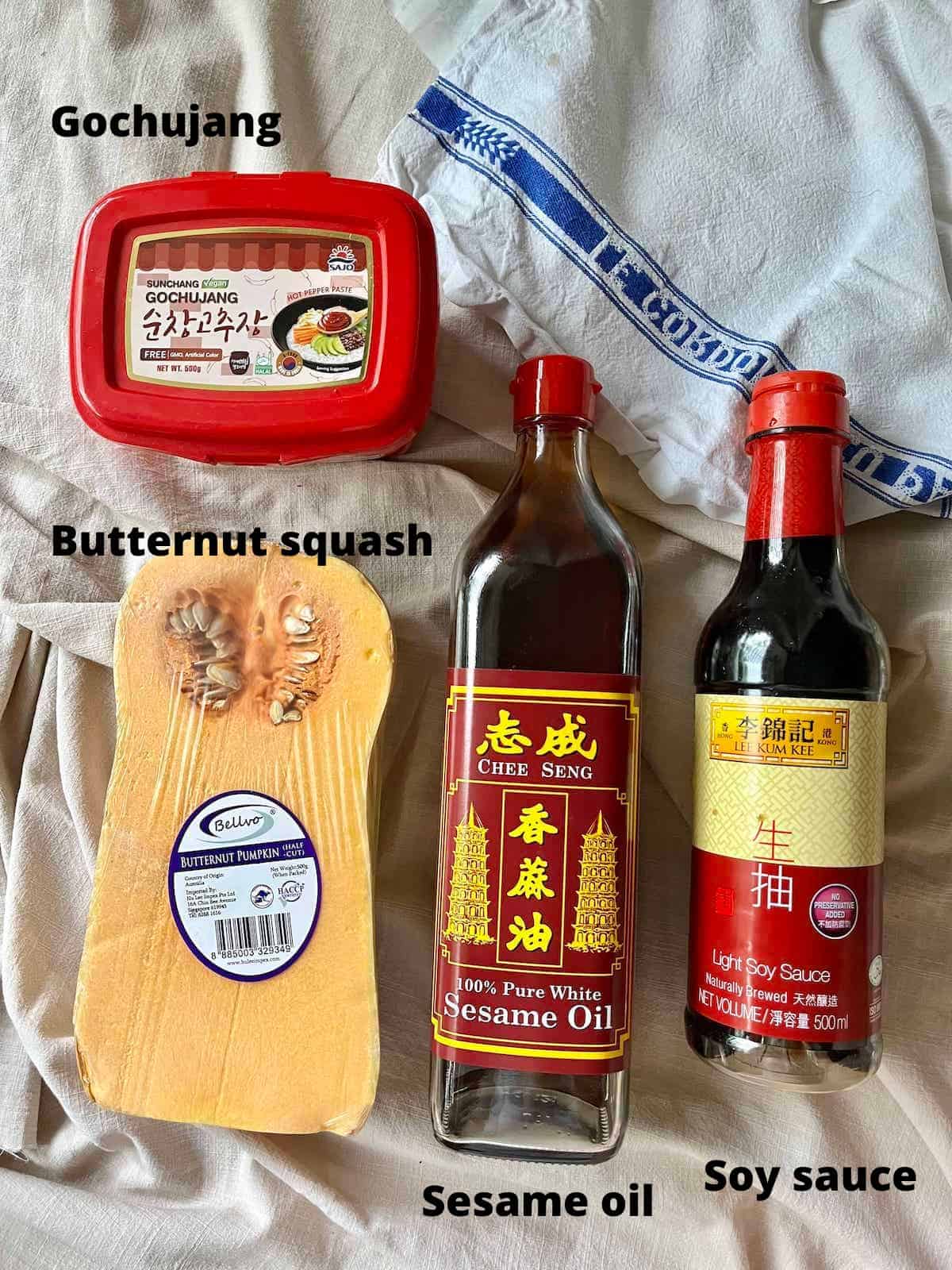 Labelled photo of the ingredients for Korean gochujang roasted squash.