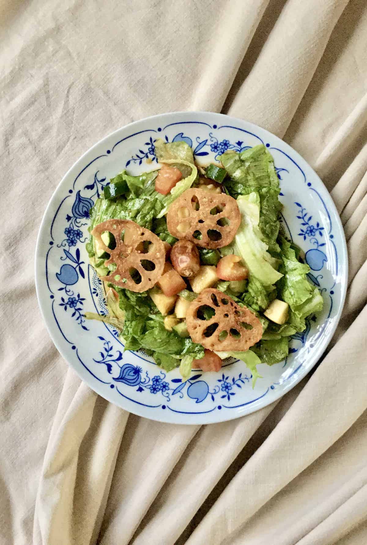 An Asian salad with pearl barley and lotus crisps.