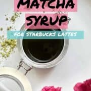 A photo of homemade matcha simple syrup with text on it.