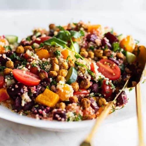 Close-up of a quinoa and chickpea salad.