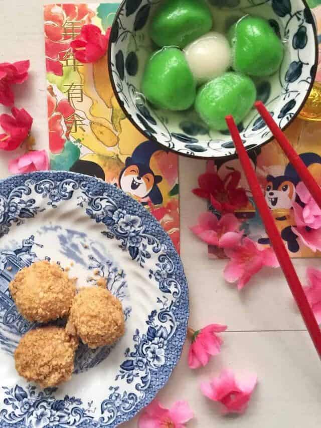 A bowl of colourful tang yuan and a plate of dry glutinous rice dumplings.