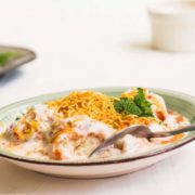 Side view of dahi bhalla chaat.