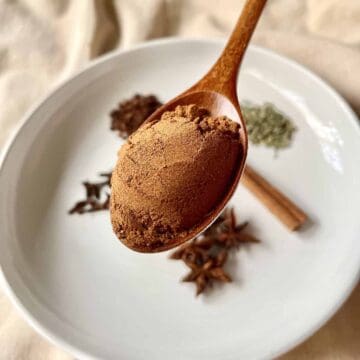 Close-up of a spoonful of Chinese 5-spice powder with the whole spices in the background.