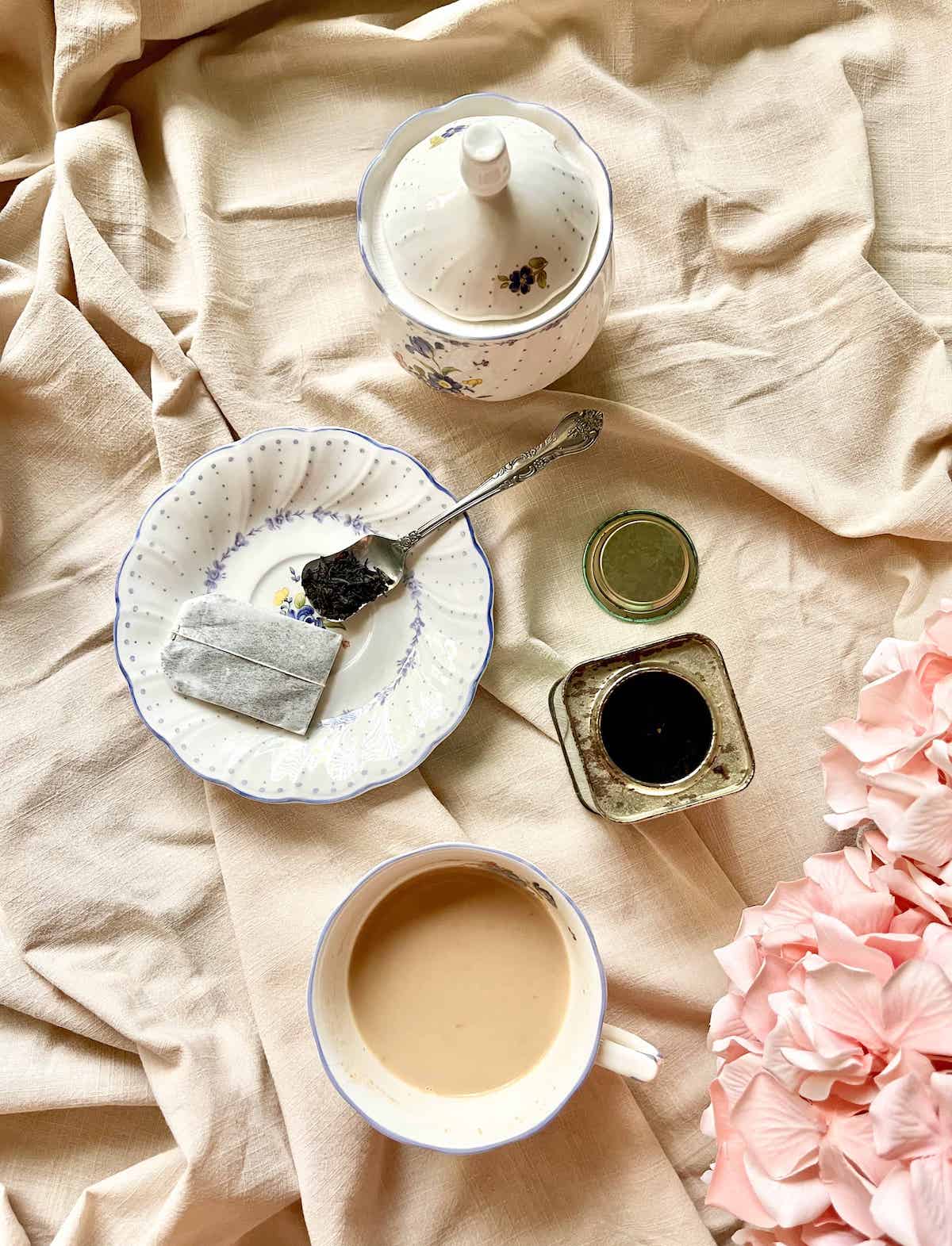 Japanese milk tea as part of an afternoon tea set.