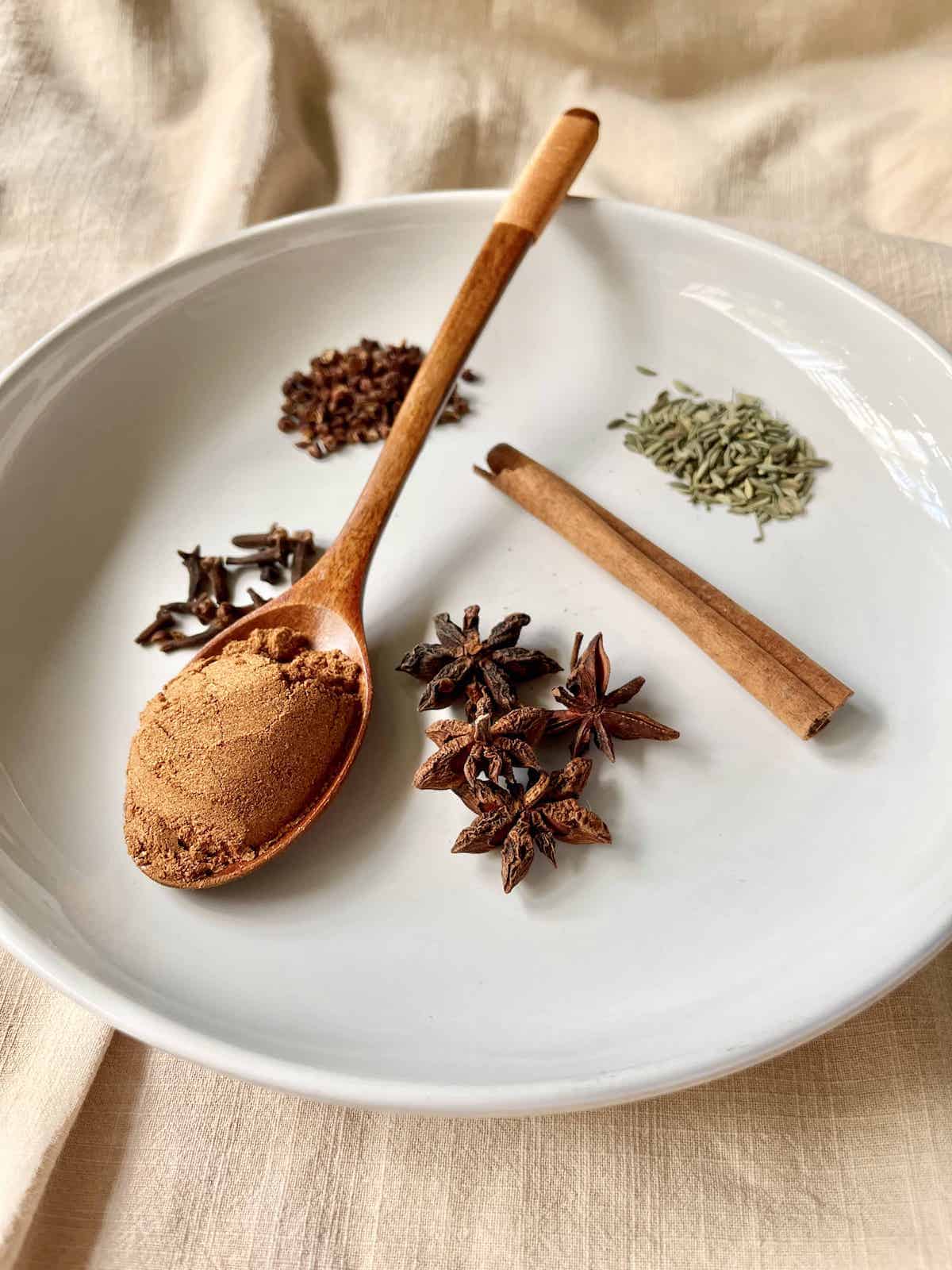 A spoonful of ground Chinese 5 spices powder with the whole spices around it.