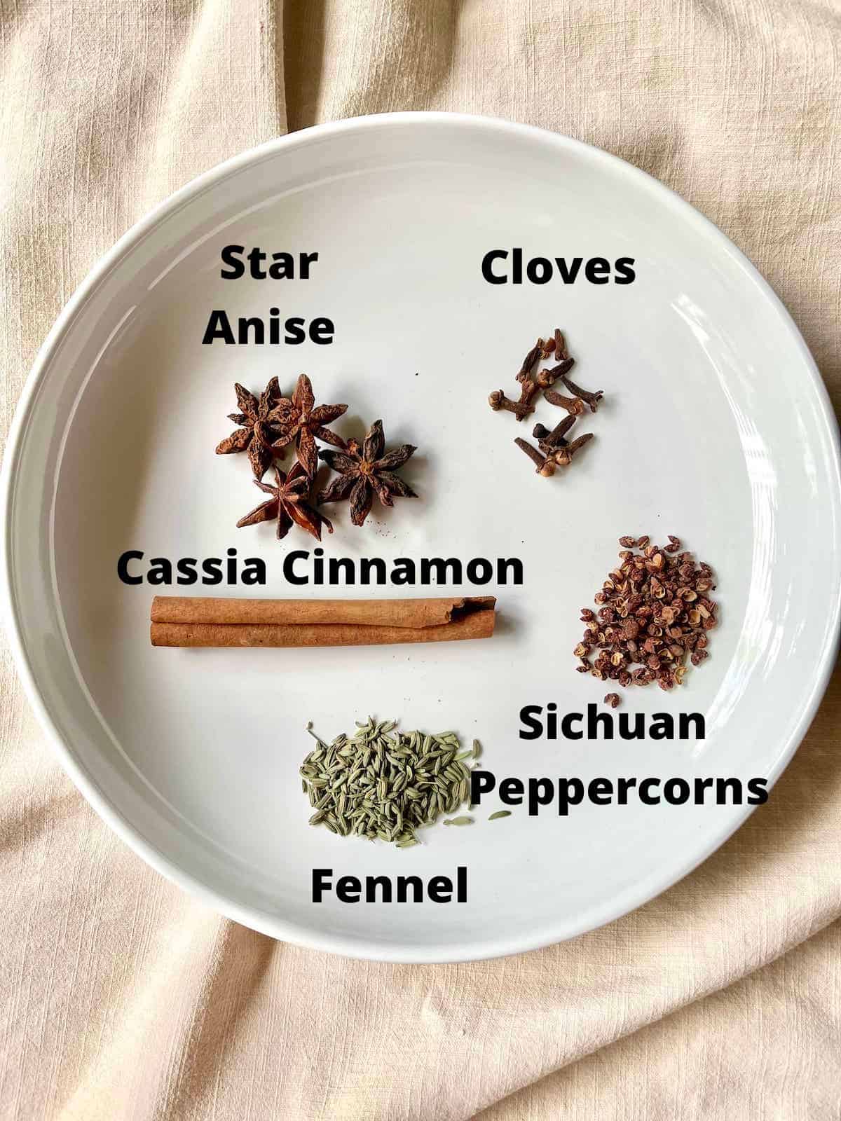 The 5 spices for Chinese 5 spice powder laid on a white plate.