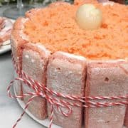 Close-up of pink litchi cake.