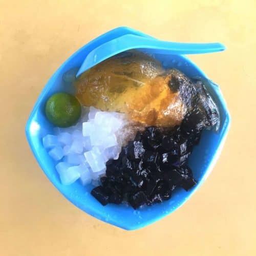 A bowl of a classic Singaporean dessert, mixed jelly over ice.