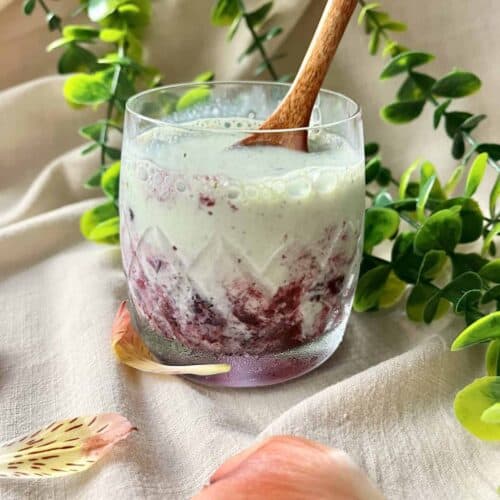 Close-up of a cup of Dunkin Donuts' copycat blueberry matcha latte.