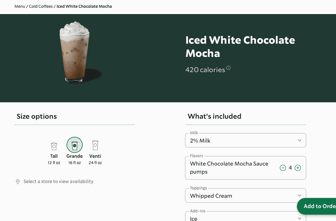 Screenshot of the Starbucks iced white chocolate mocha drink page.