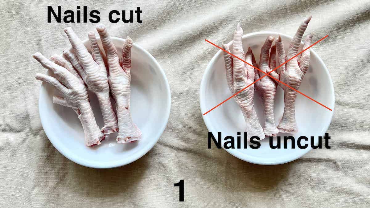 Chicken feet with their nails cut off next to whole chicken feet.