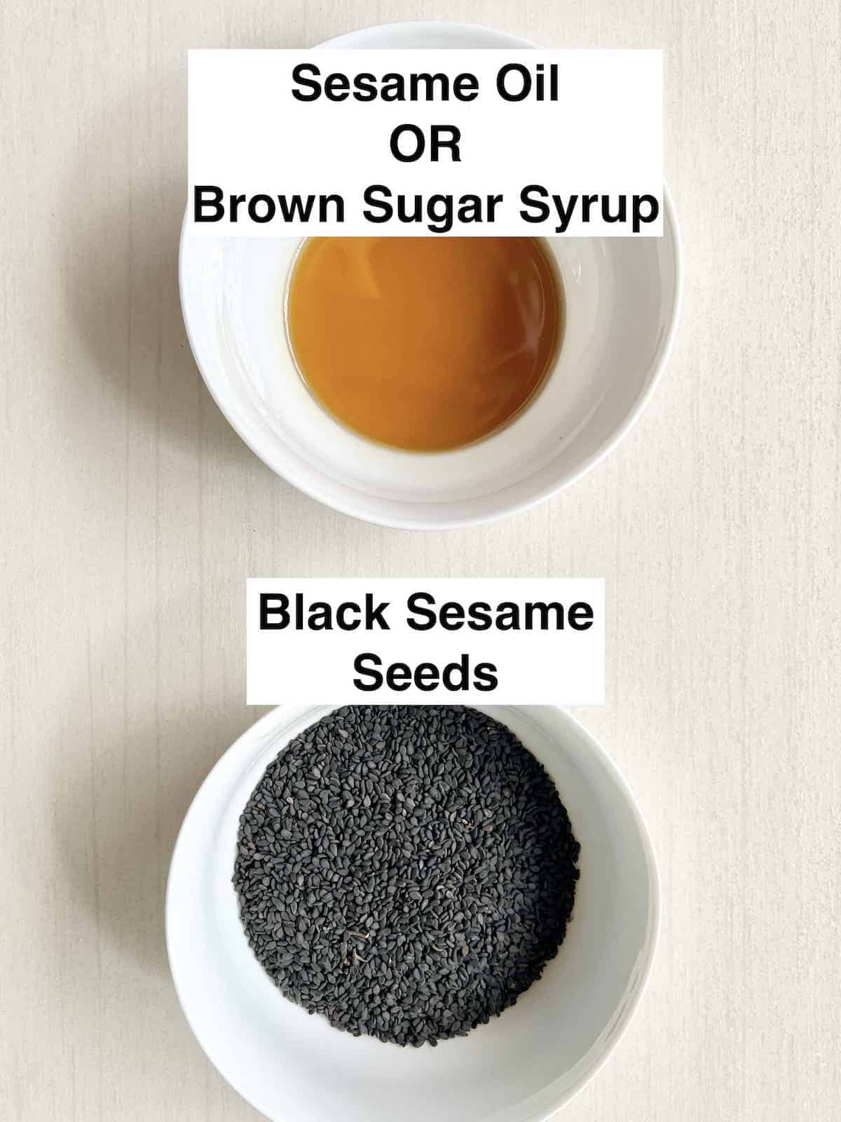 A bowl of brown liquid above a bowl of black sesame seeds.