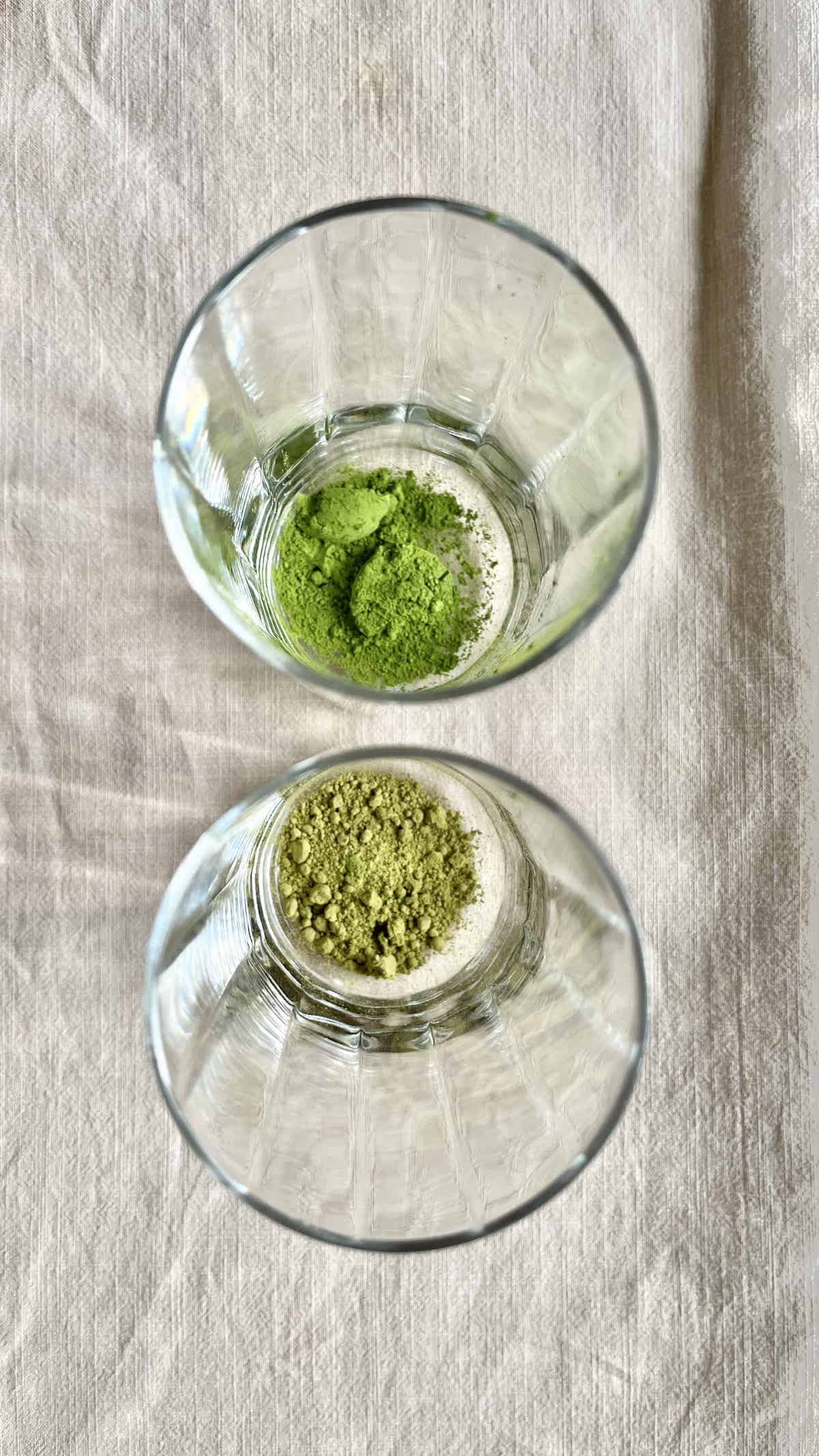 Comparing fresh and stale matcha powders, which are different shades of green.