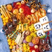 A colorful platter packed full of Halloween party treats!