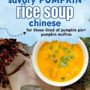 Words in a blue box above pumpkin soup and rice.