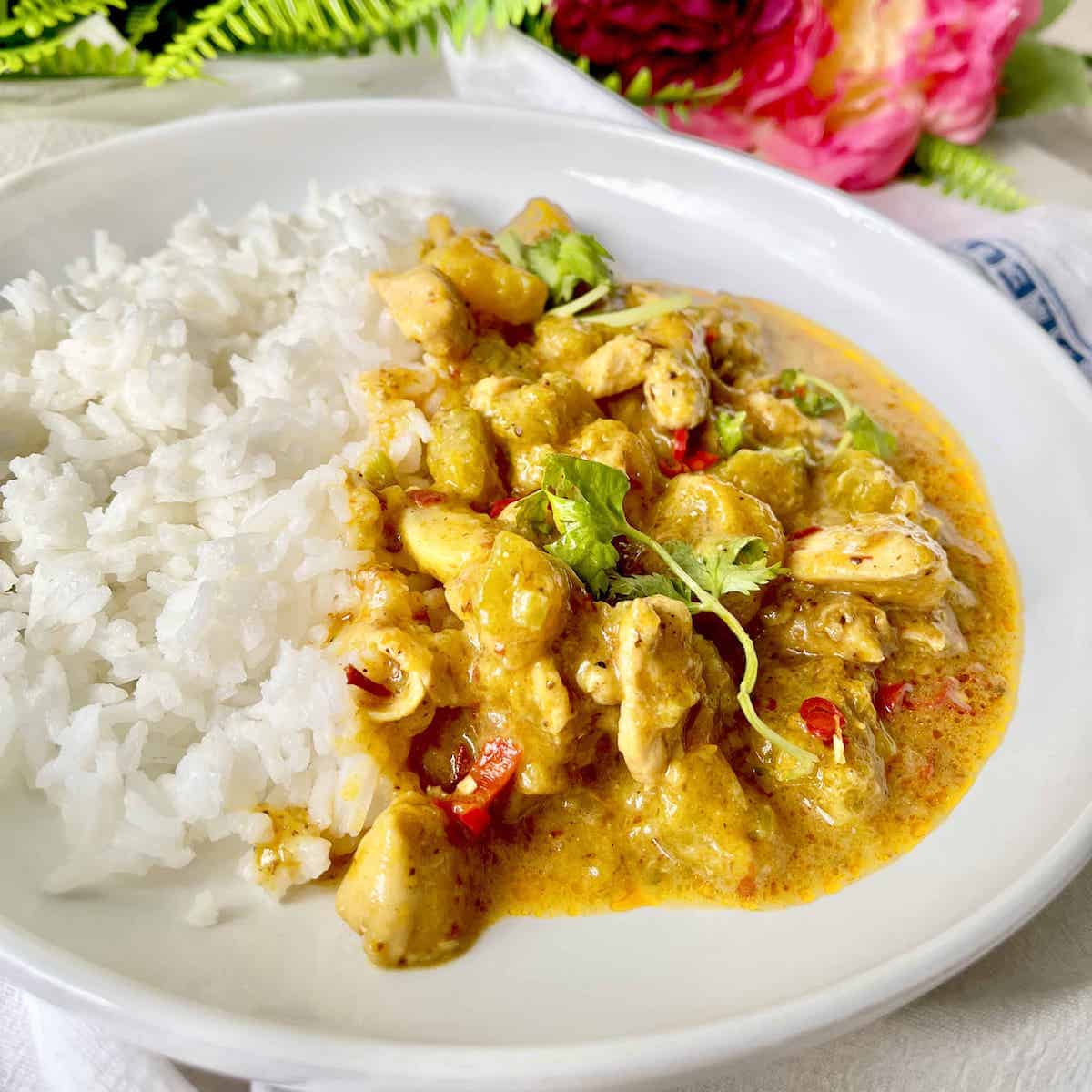 A plate of jasmine rice and chicken pumpkin curry with coriander.